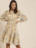 all about you Classy Beige Floral Printed Pure Cotton Waisted Dress