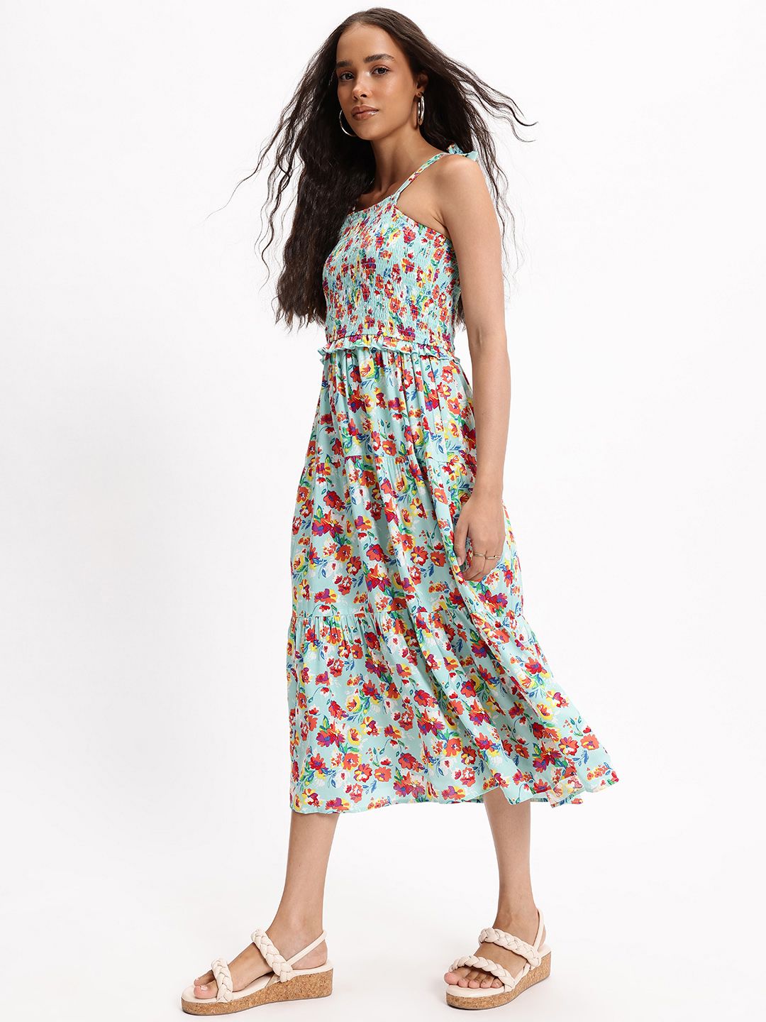 DressBerry Floral Fantasy Tiered Strappy Smocked Midi Dress
