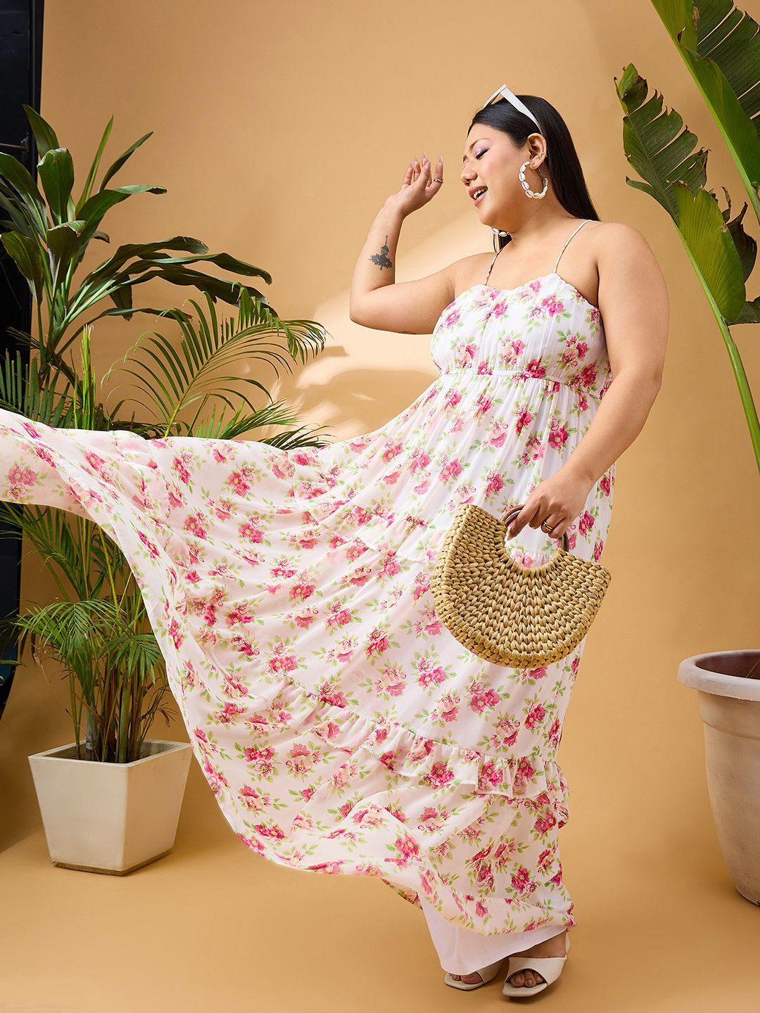 SASSAFRAS Curve Plus Size Floral Printed Shoulder Straps Tiered Georgette Maxi Dress