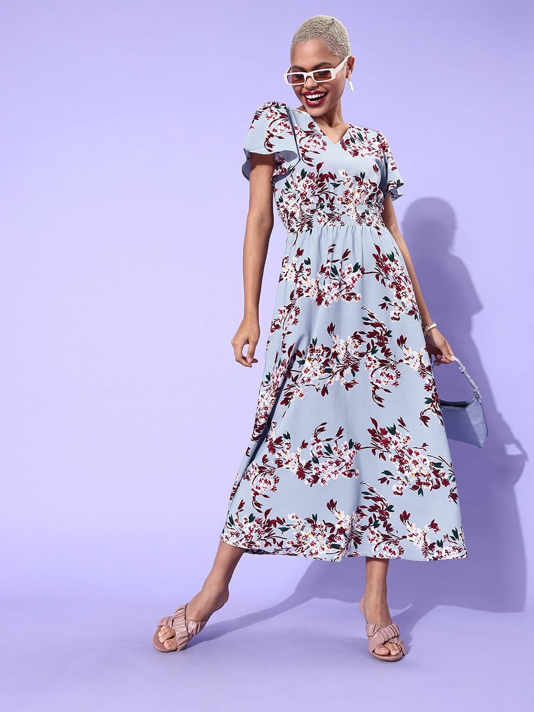 Berrylush Blue & Red Floral Crepe Maxi Dress