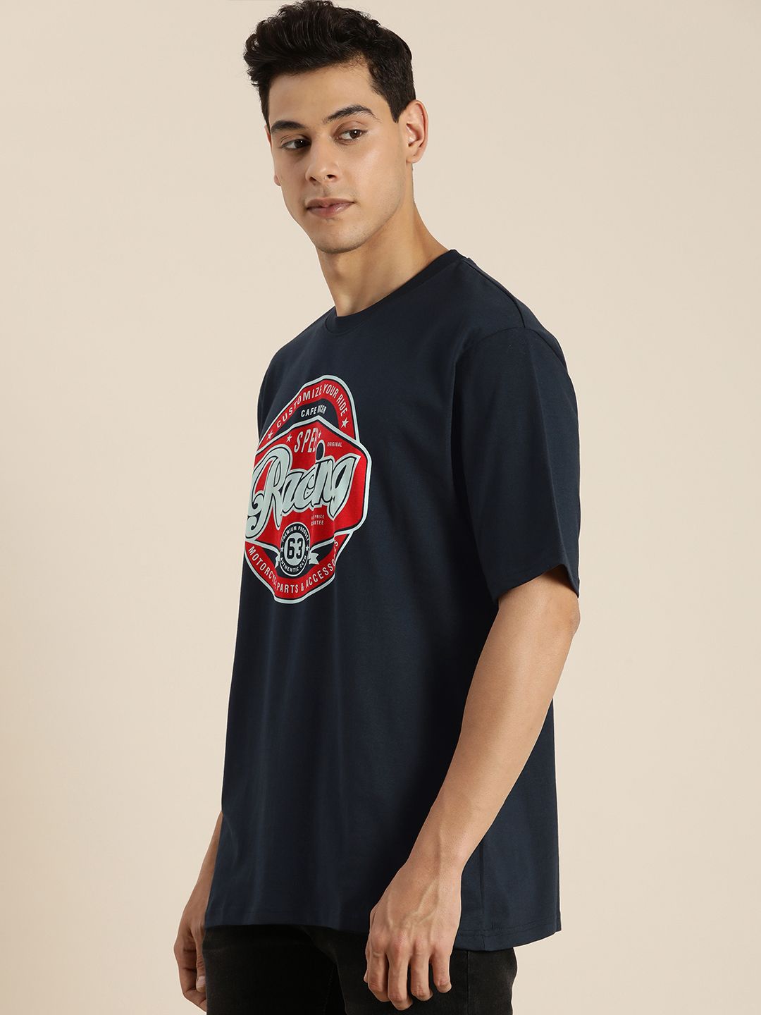 DILLINGER Men Navy Blue & Red Typography Printed Drop-Shoulder Sleeves Pure Cotton Oversized T-shirt