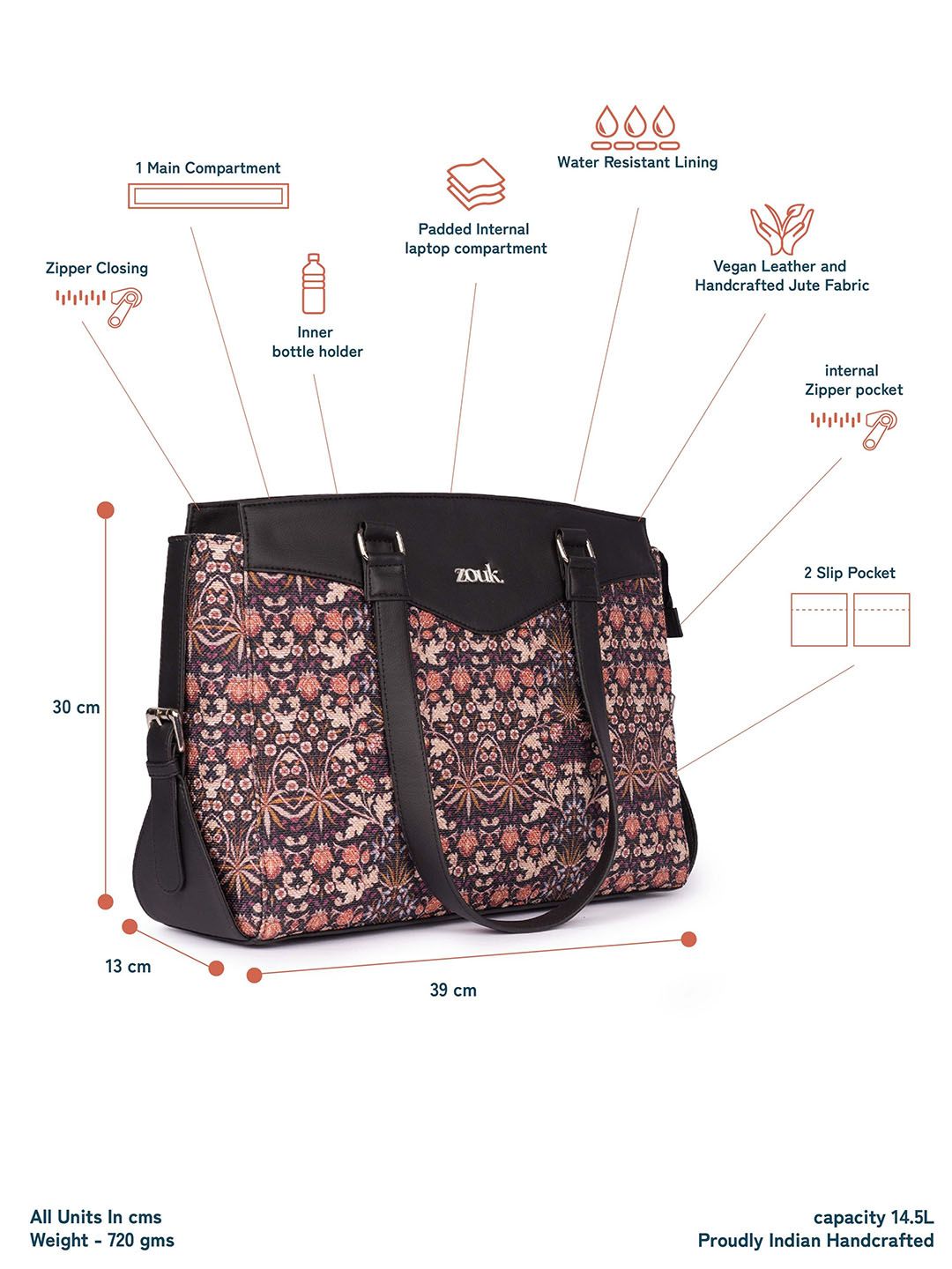 ZOUK Floral Printed Structured Jute Shoulder Bag