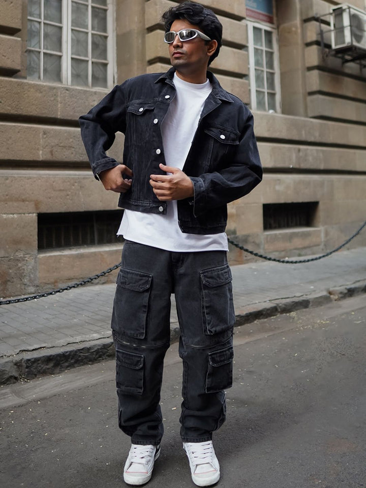 Powerlook Men Black Baggy Fit Clean Look Pure Cotton Cargo Jeans