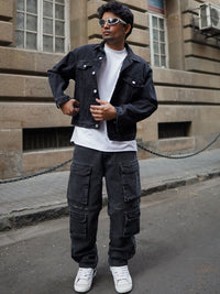 Powerlook Men Black Baggy Fit Clean Look Pure Cotton Cargo Jeans