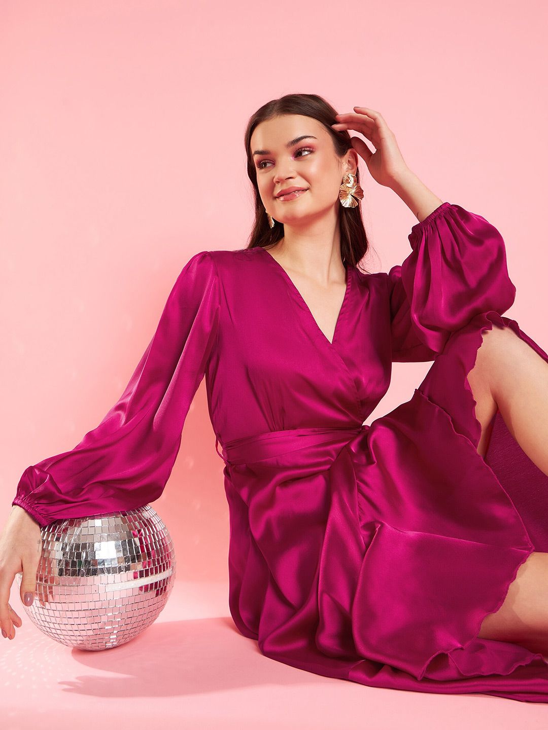 Antheaa Pink Puff Sleeve Layered Satin Wrap Midi Opaque Party Dress