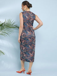 Antheaa Grey Ethnic Motifs Printed Straight Sheath Midi Dress