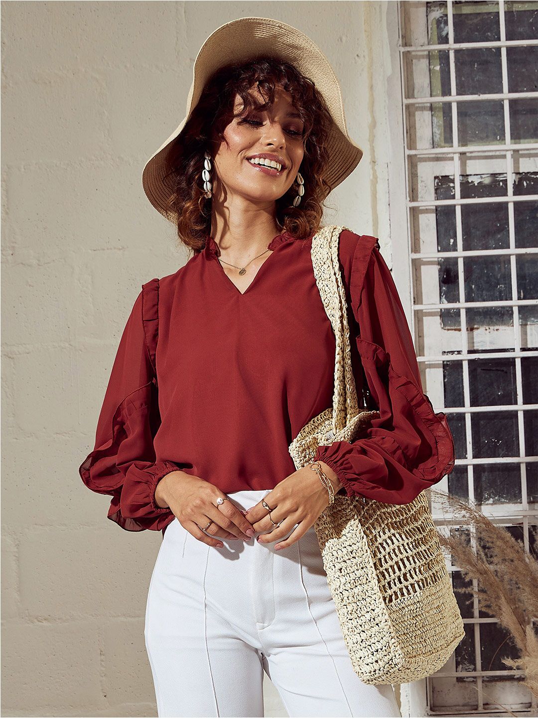 SASSAFRAS Rust V-Neck Puff Sleeves Ruffled Top