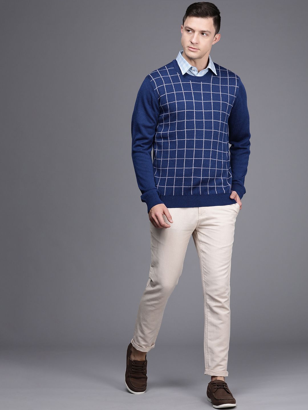 Raymond Men Blue & Grey Checked Pullover