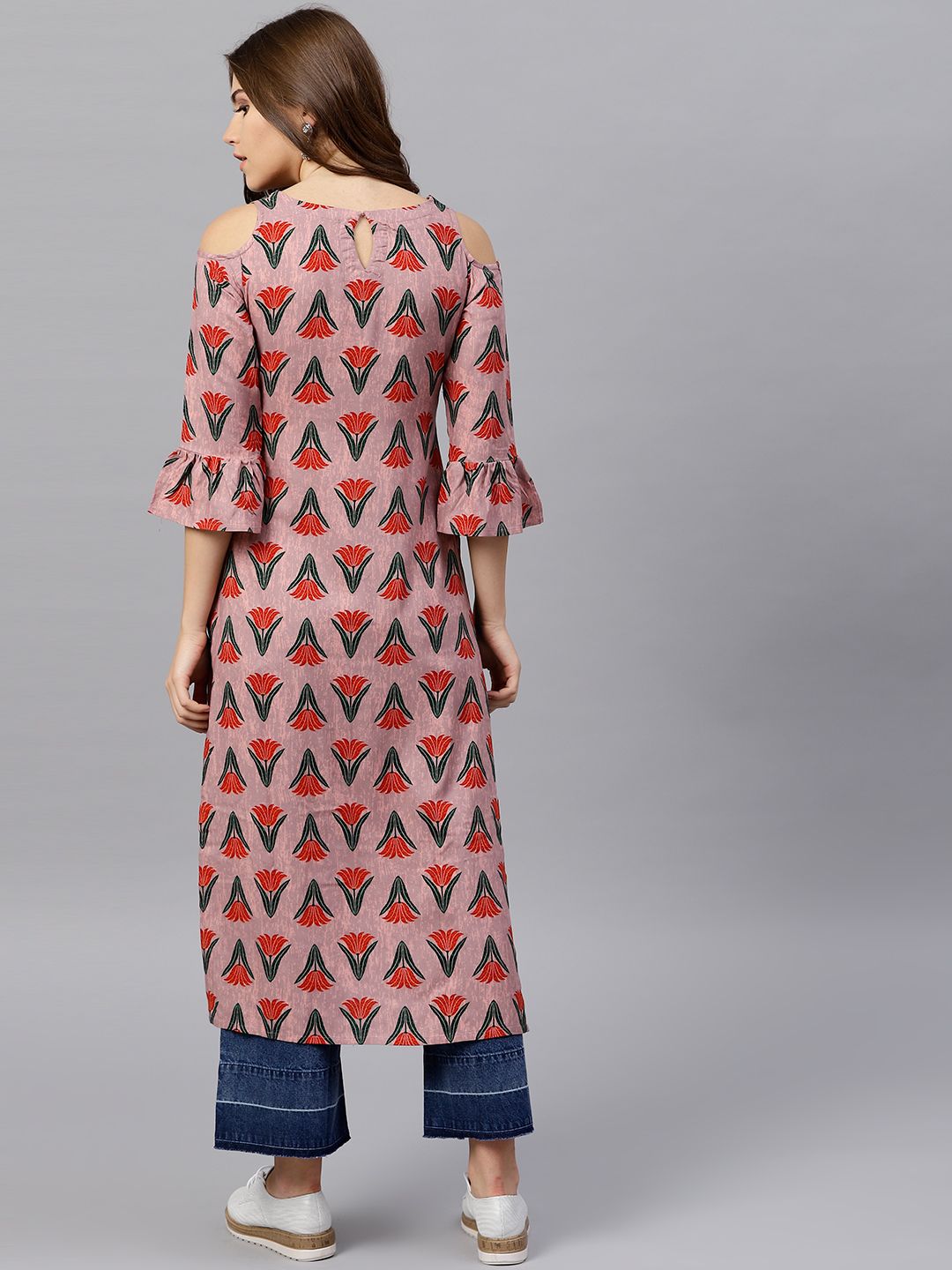 Gerua By Libas Women Mauve Red Printed Cold Shoulder Straight Kurta