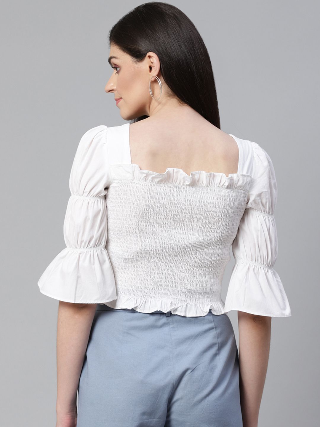 STREET 9 White Smocked Fitted Pure Cotton Top