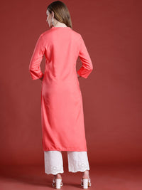 Anouk Self-Striped Band Collar Calf Length Straight Kurta