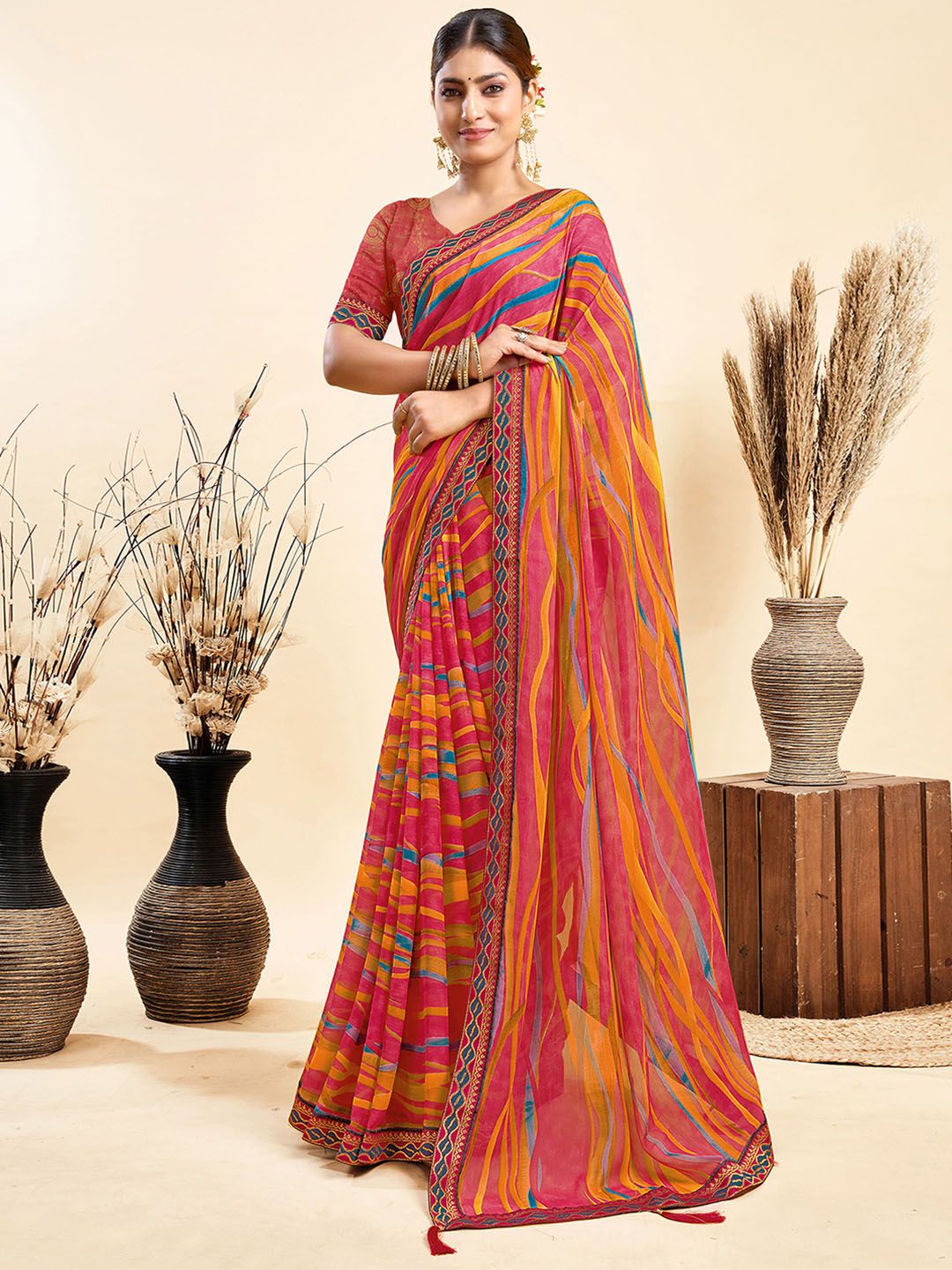 KALINI Leheriya Dyed Pure Chiffon Saree