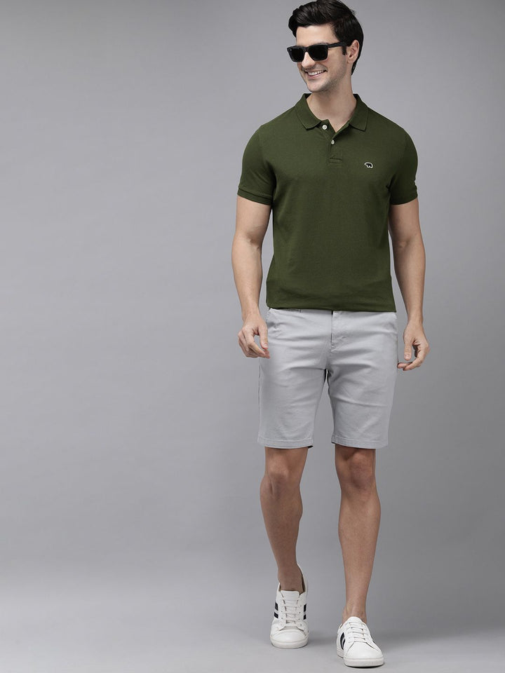 THE BEAR HOUSE Men Green Solid Overdyed Polo Collar Slim Fit Pure Cotton T-shirt