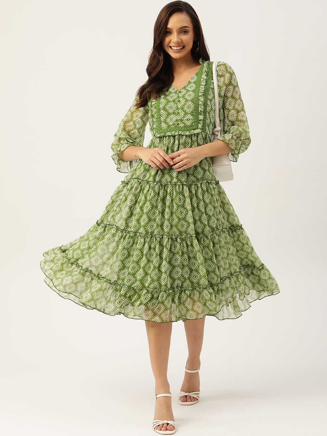 Antheaa Green & White Chiffon Geometric Print Tiered Dress