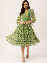 Antheaa Green & White Chiffon Geometric Print Tiered Dress