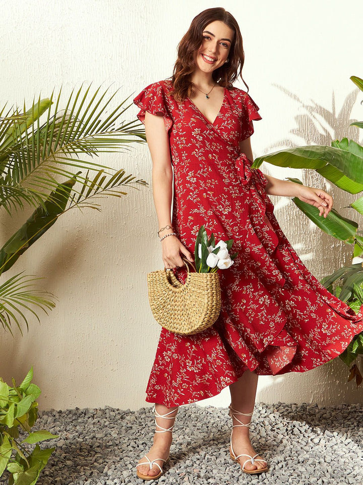 Berrylush Floral Printed V-Neck Flutter Sleeves Tie-Ups Midi Wrap Dress