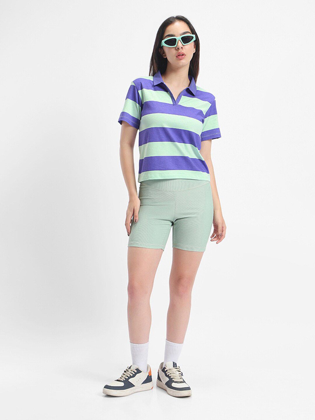 Bewakoof Striped Polo Collar Pure Cotton Oversized T-shirt