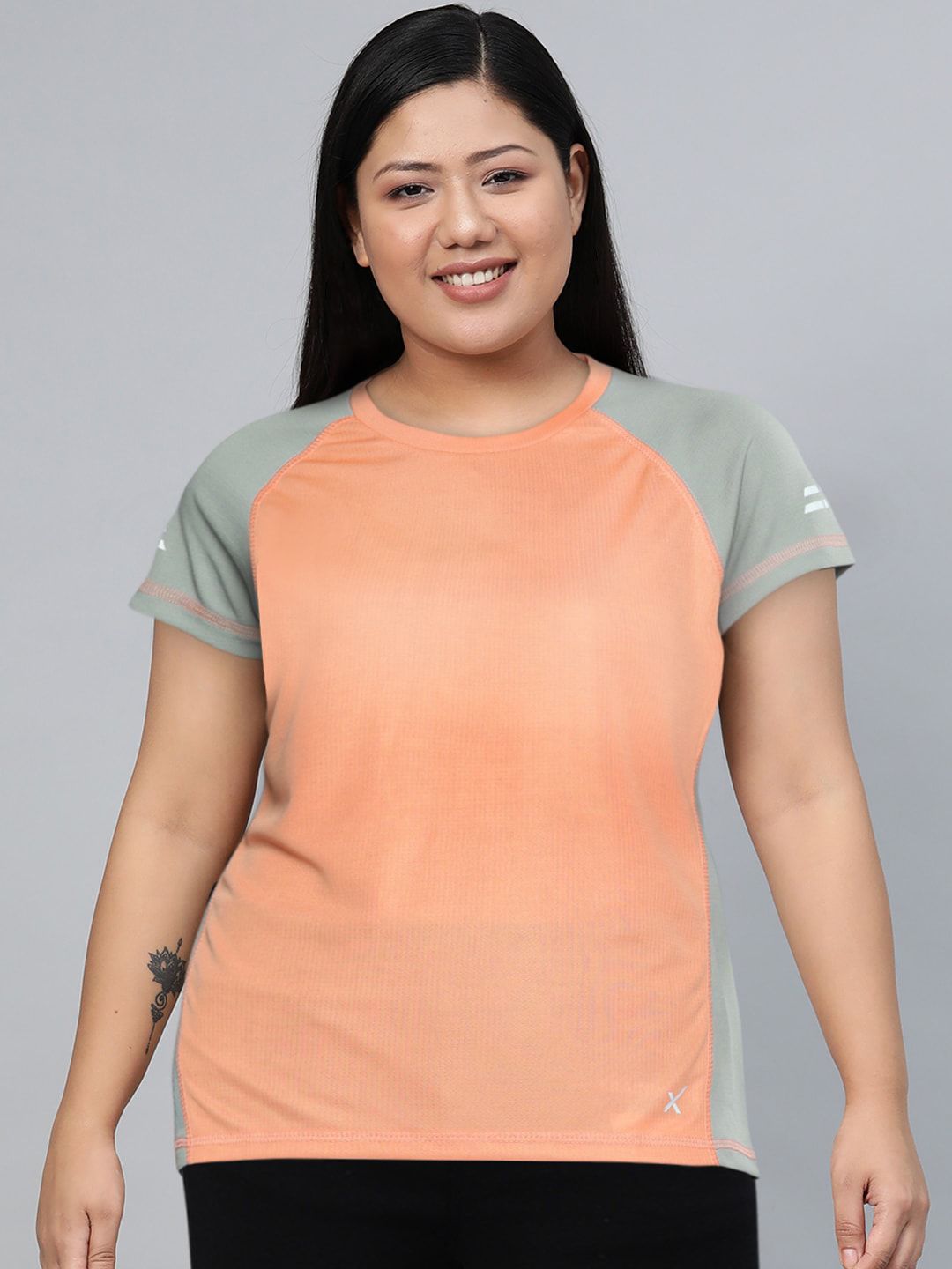 HRX by Hrithik Roshan Women Peach-Coloured Colourblocked Round Neck T-shirt