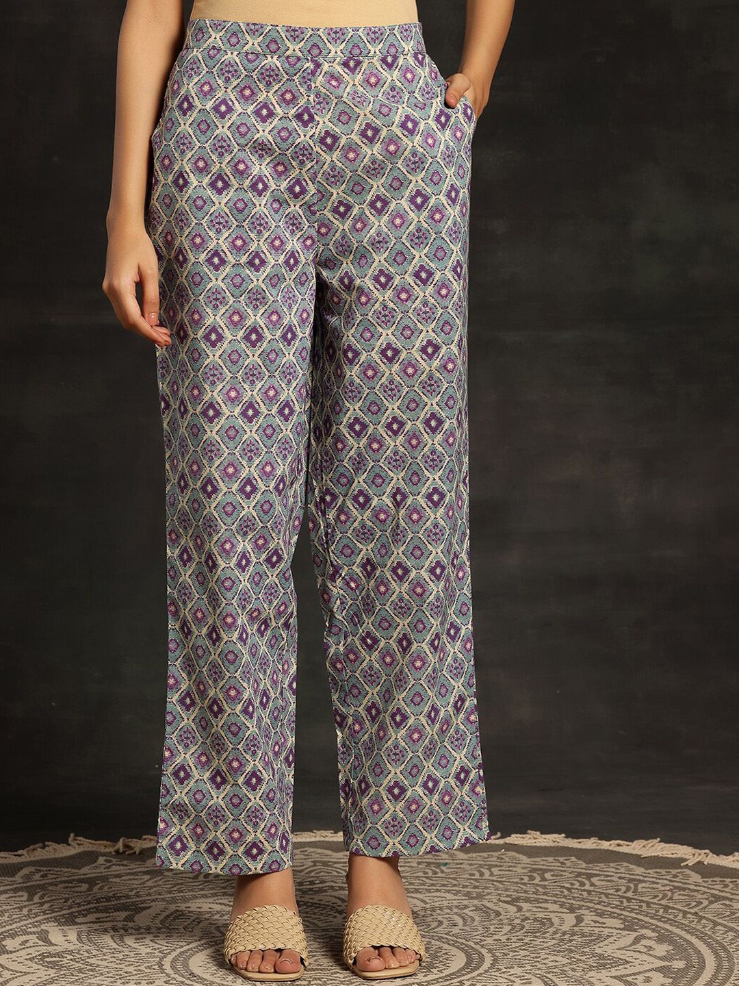 Libas Floral Printed Regular Sequinned Pure Cotton Kurta with Trousers & Dupatta