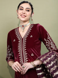 Vishudh Women Embroidered Knitted Velvet Kurta with Trousers & With Dupatta