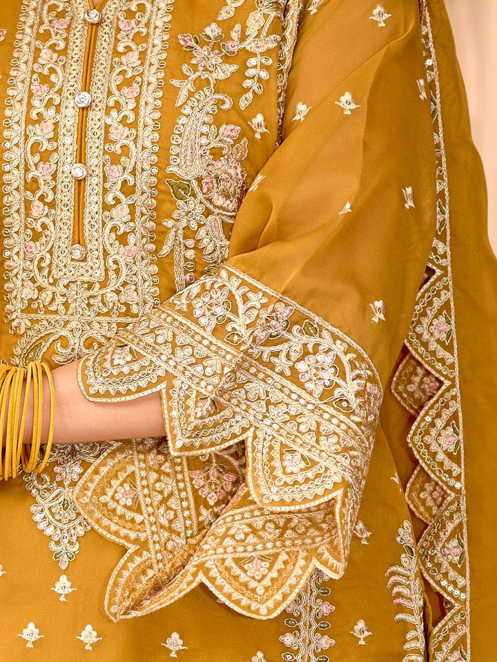 Indo Era Floral Embroidered Zari Organza Kurta With Trousers And Dupatta