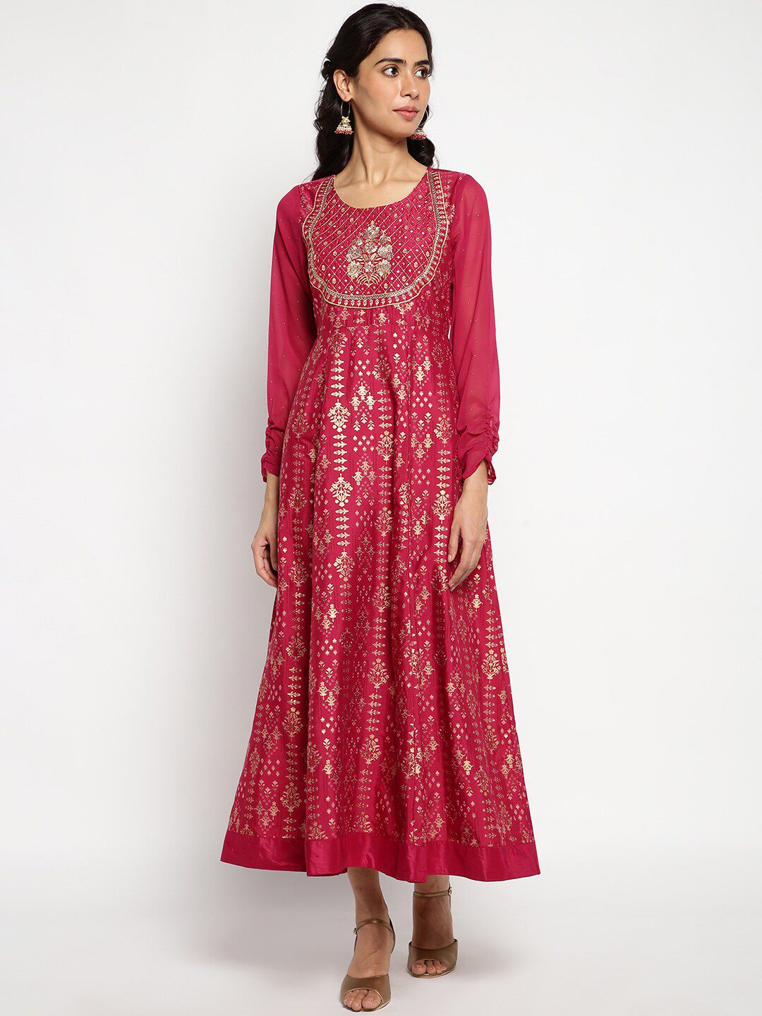 AURELIA Printed Ethnic Motifs Satin Maxi Ethnic Dress