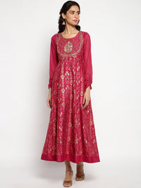 AURELIA Printed Ethnic Motifs Satin Maxi Ethnic Dress