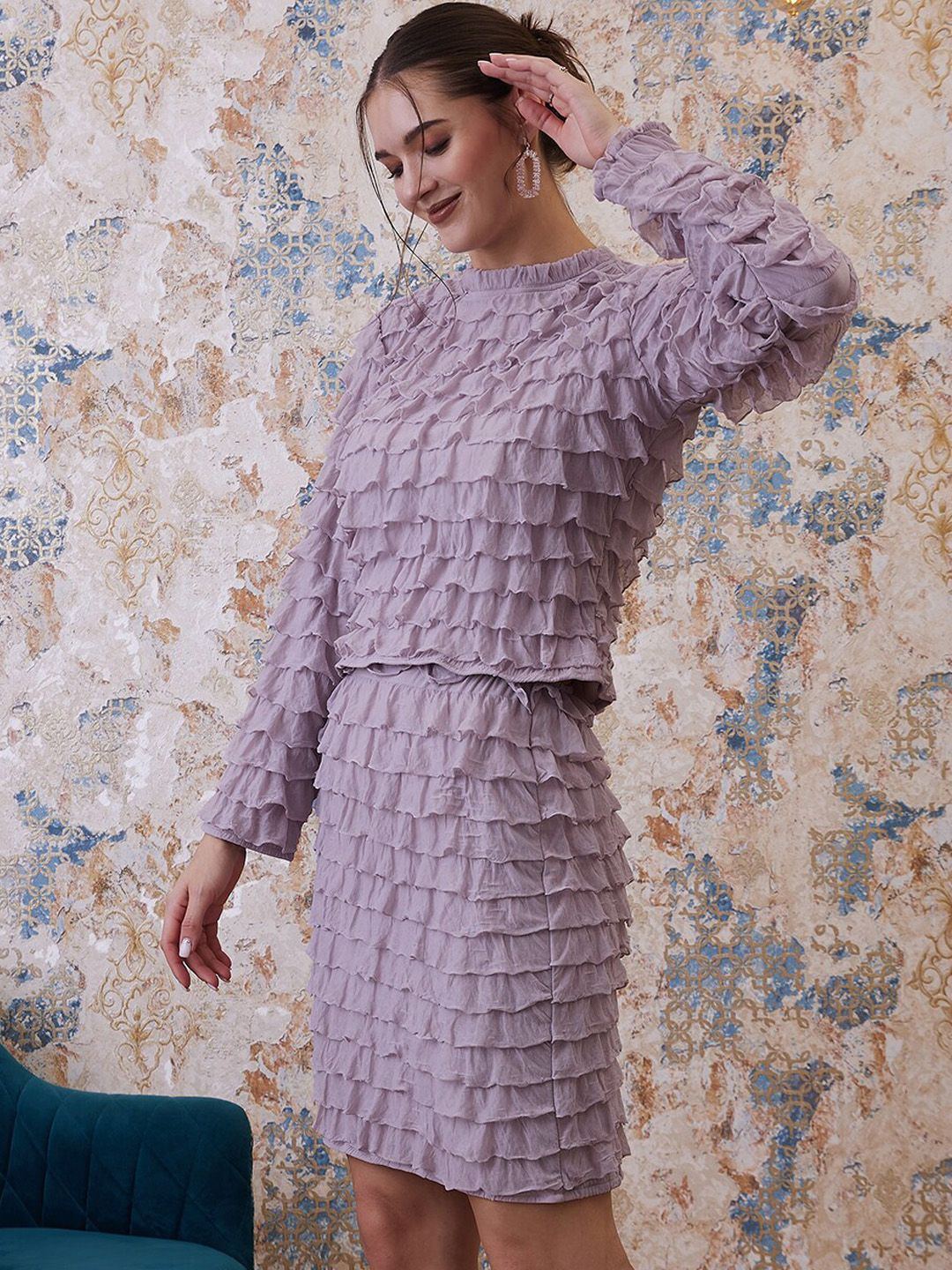 Athena Purple Above Knee Length Ruffled Straight Skirt