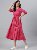 Janasya Women Pink Pure Cotton Woven Design Tiered Dress