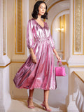 all about you Sheen Puff Sleeve Fit & Flare Midi Dress