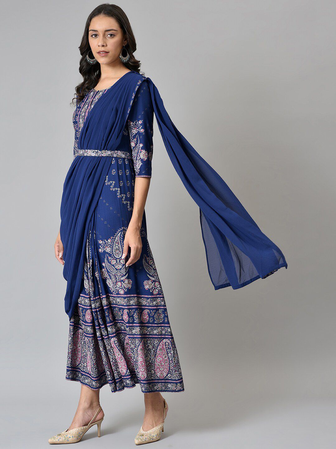 W Blue & Silver-Toned Ethnic Motifs Ethnic Maxi Dress