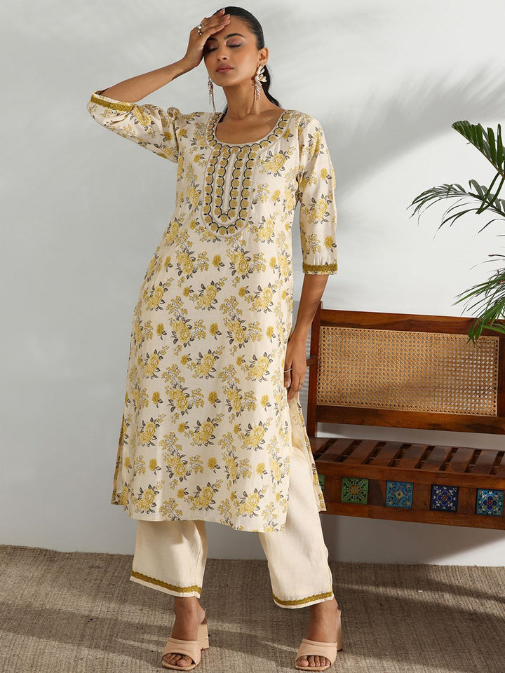 Libas Floral Printed Regular Chanderi Silk Kurta with Trousers