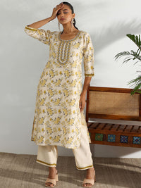 Libas Floral Printed Regular Chanderi Silk Kurta with Trousers