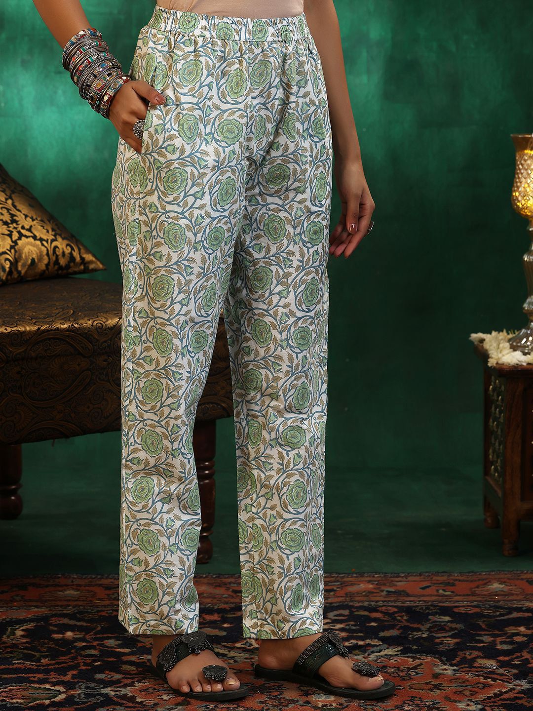 Libas Floral Printed Gotta Patti Pure Cotton Straight Kurta with Trousers & Dupatta