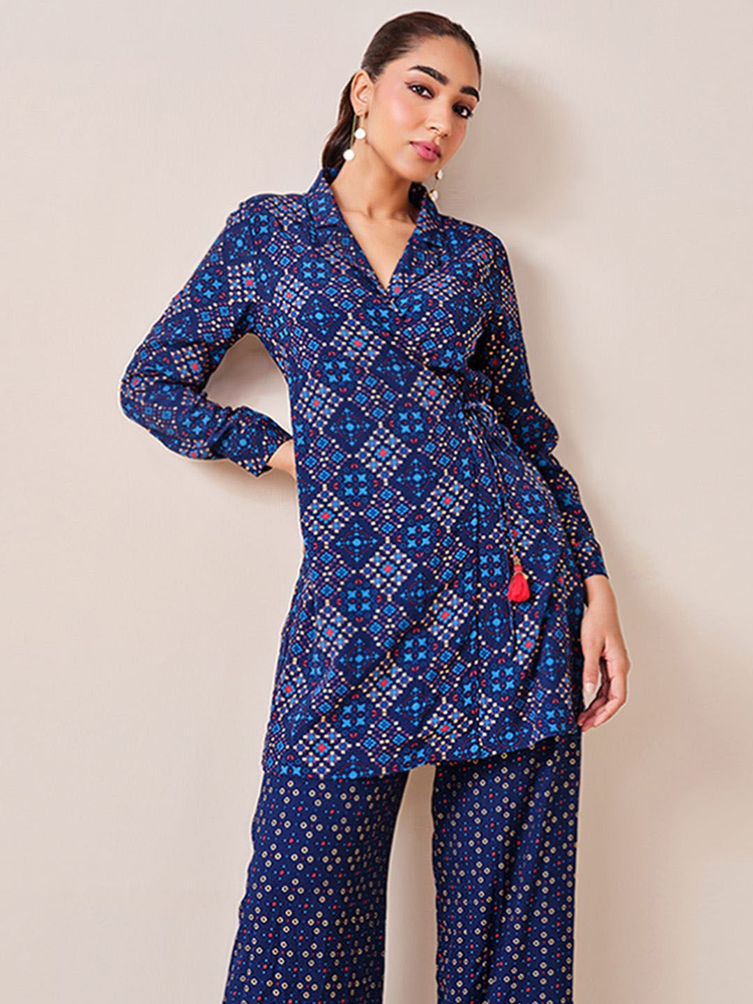 Global Desi Printed Lapel Collar Tunic With Trousers