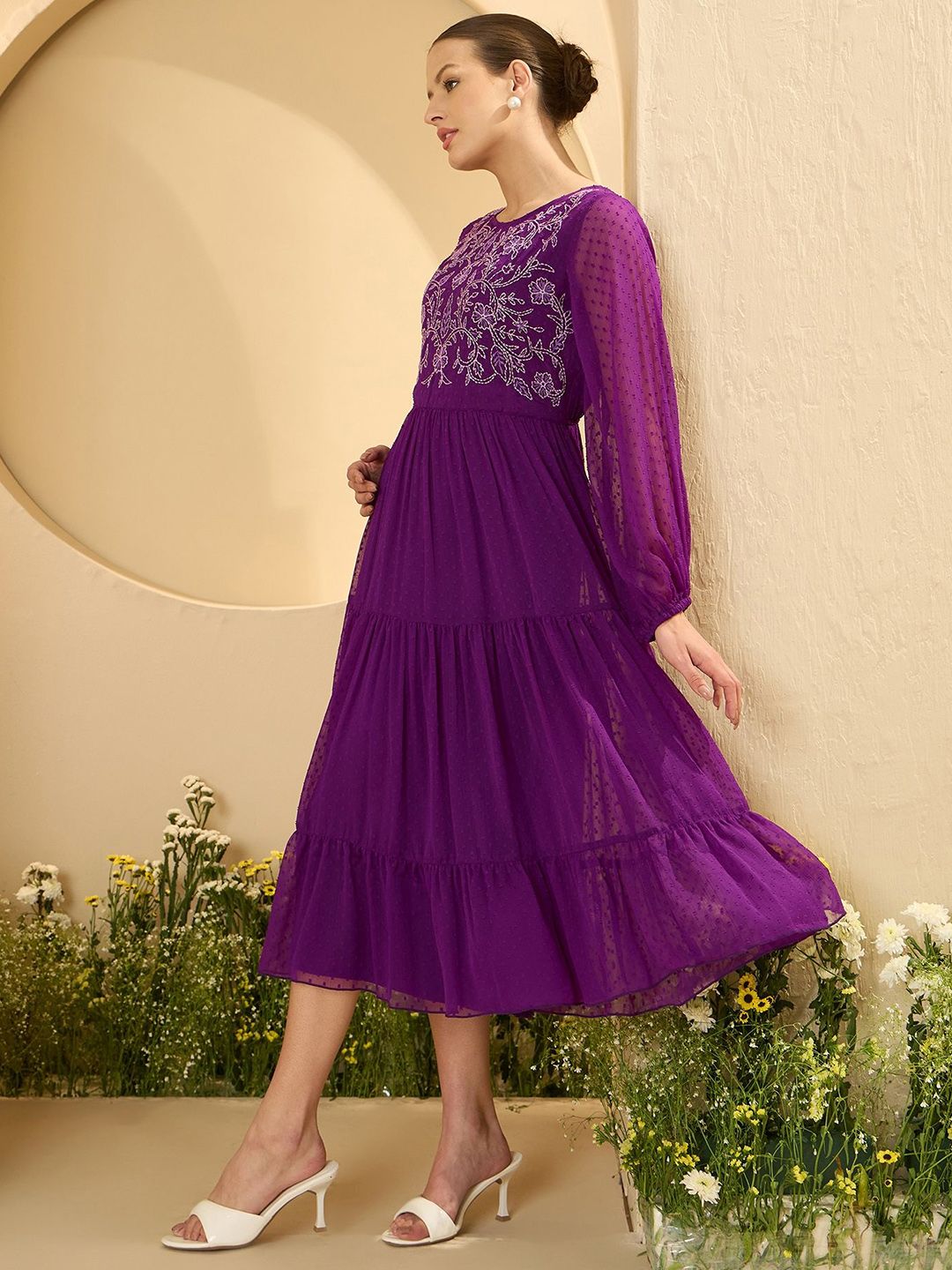 Antheaa Women Puff Sleeve Embroidered Fit and Flare Midi Dress