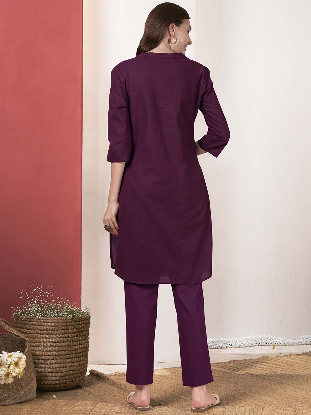 Anouk Purple V-Neck Pure Cotton Tunic With Trousers
