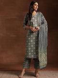 Libas Blue & Beige Ethnic Printed Sweetheart Neck Cotton Kurta with Trousers & Dupatta