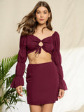 Berrylush Maroon V-Neck Top With Skirt