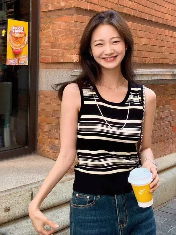 DressBerry Striped Round Neck Sleeveless Cotton Regular Fit T-shirt