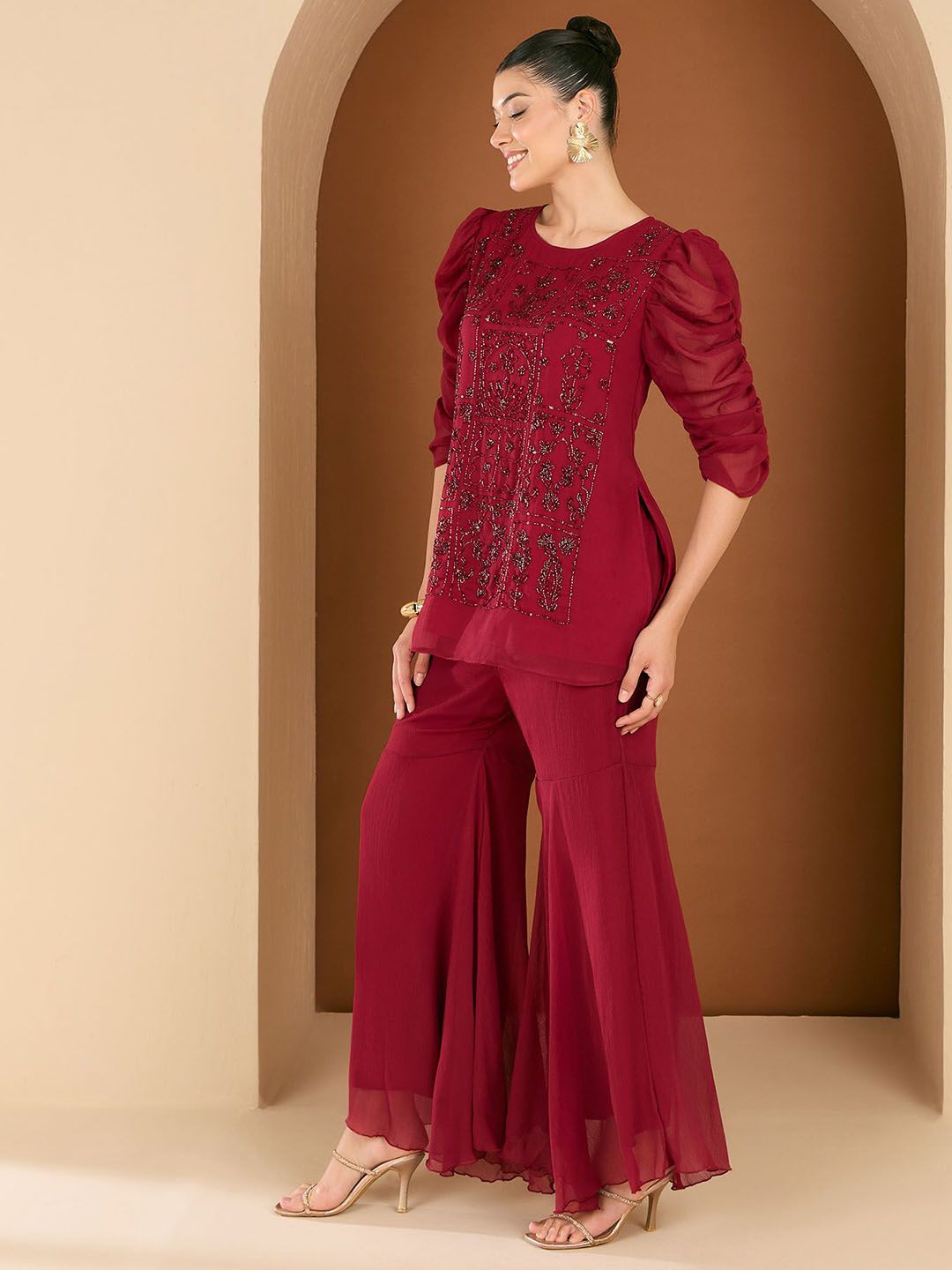 Antheaa Embellished Round Neck Top With Palazzo