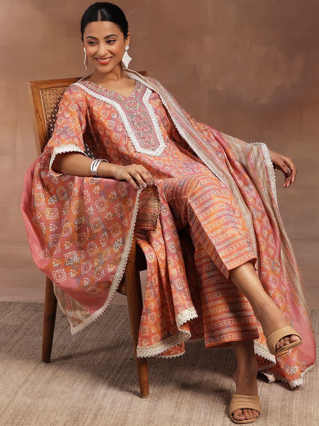 Libas Ethnic Motifs Printed Zari Panelled A-Line Kurta With Trouser & Dupatta