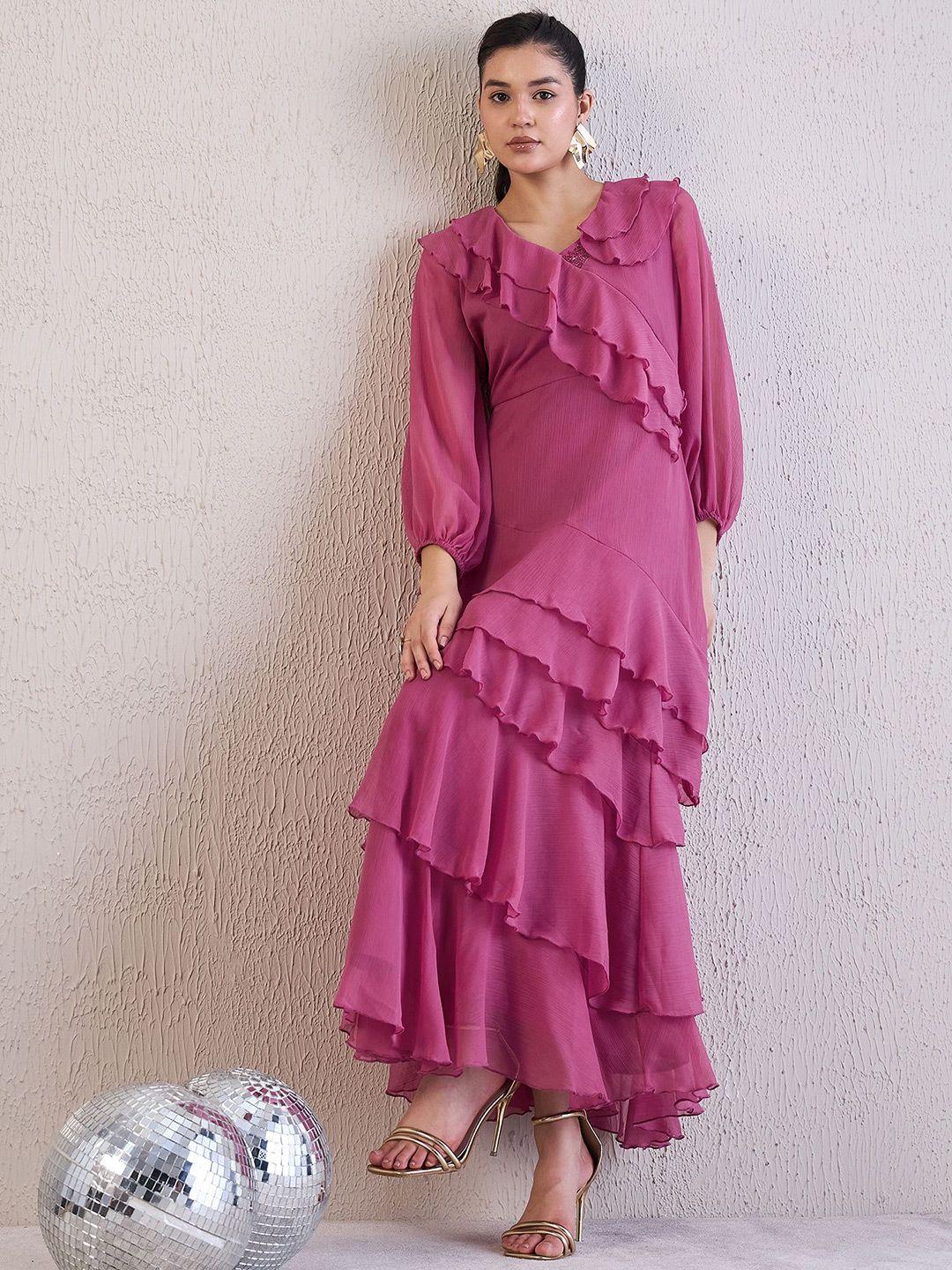 Antheaa Puff Sleeve Chiffon Maxi Dress