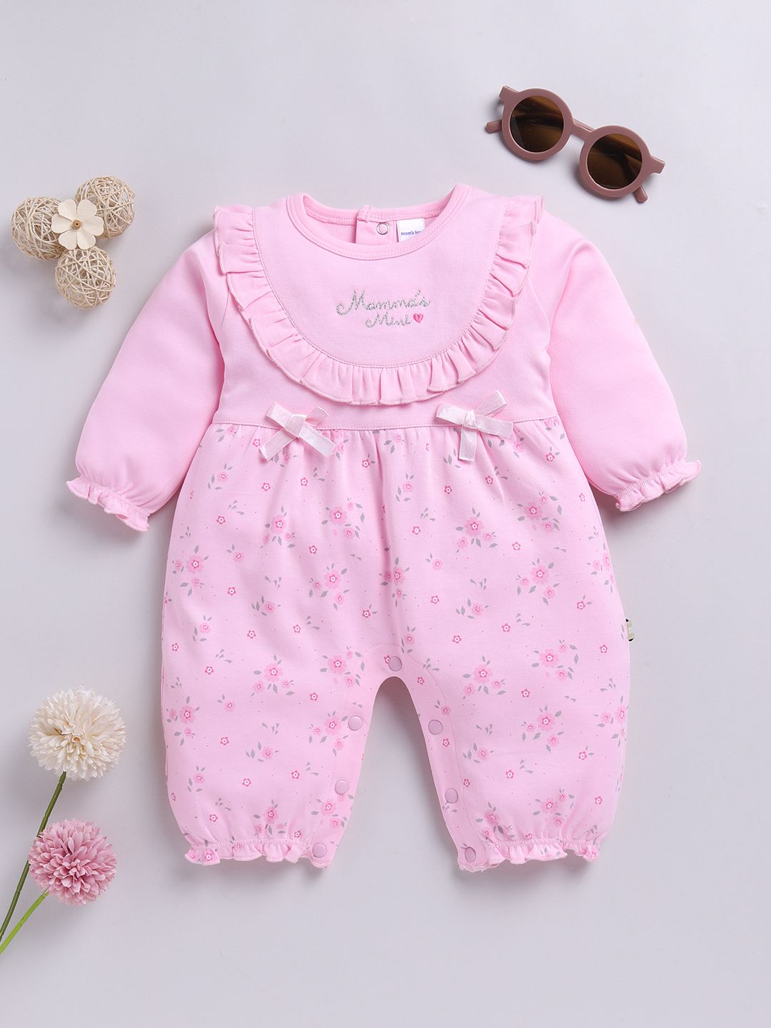 Moms Love Infant Girls Floral Print Pure Cotton Rompers With Ruffle Detail
