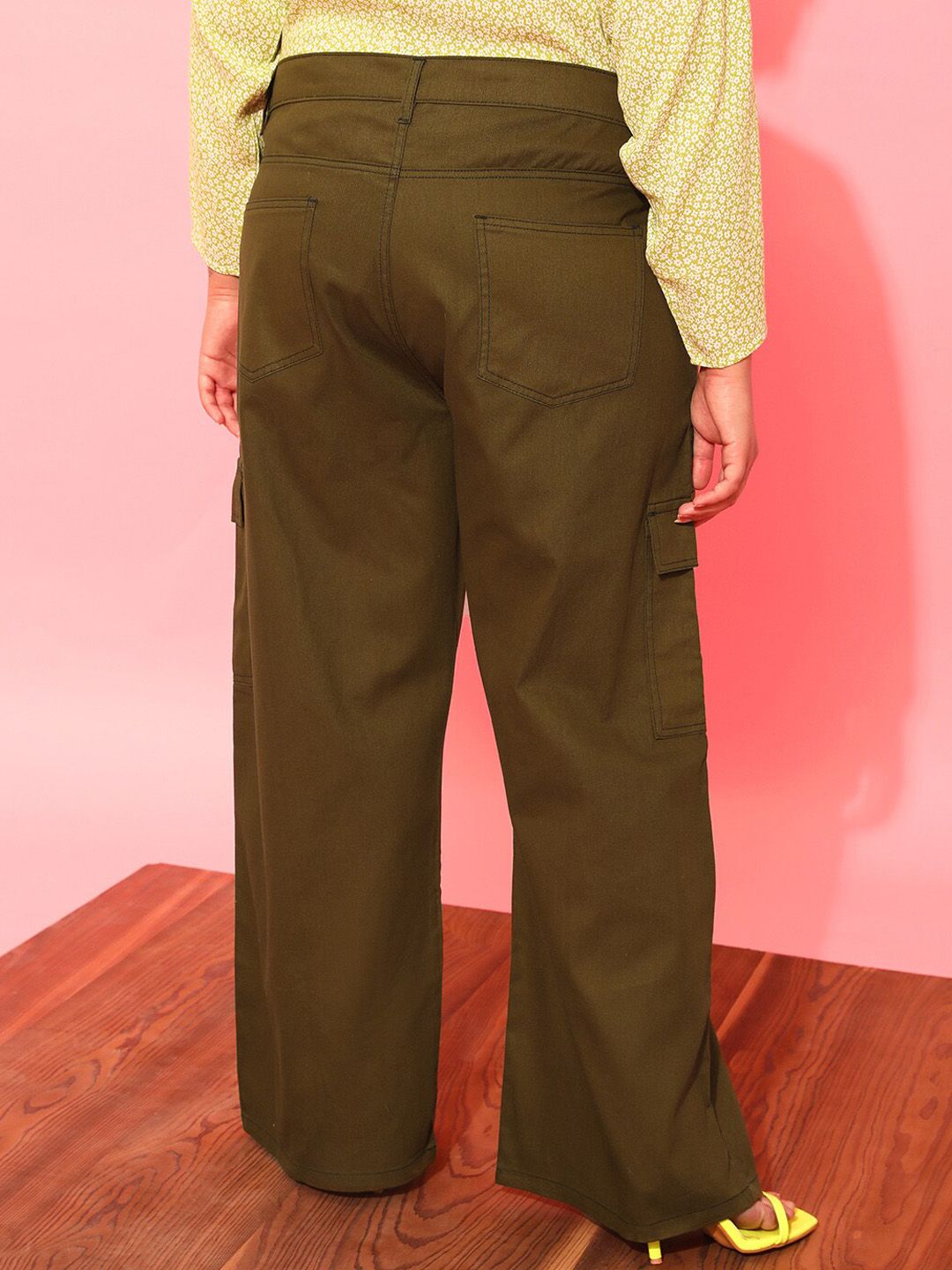 CURVY STREET Women Plus Size Olive Green Relaxed Straight Leg Pure Cotton Trousers