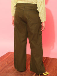 CURVY STREET Women Plus Size Olive Green Relaxed Straight Leg Pure Cotton Trousers