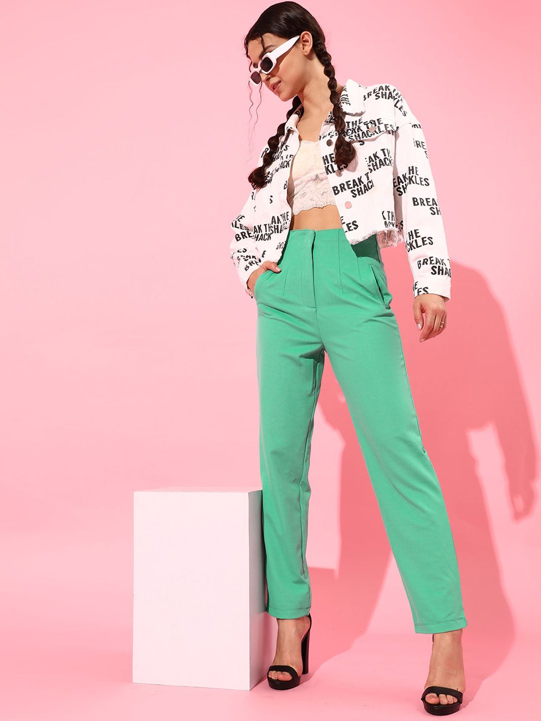 WORK IT by STREET 9 Women Green Straight Fit High-Rise Pleated Trousers