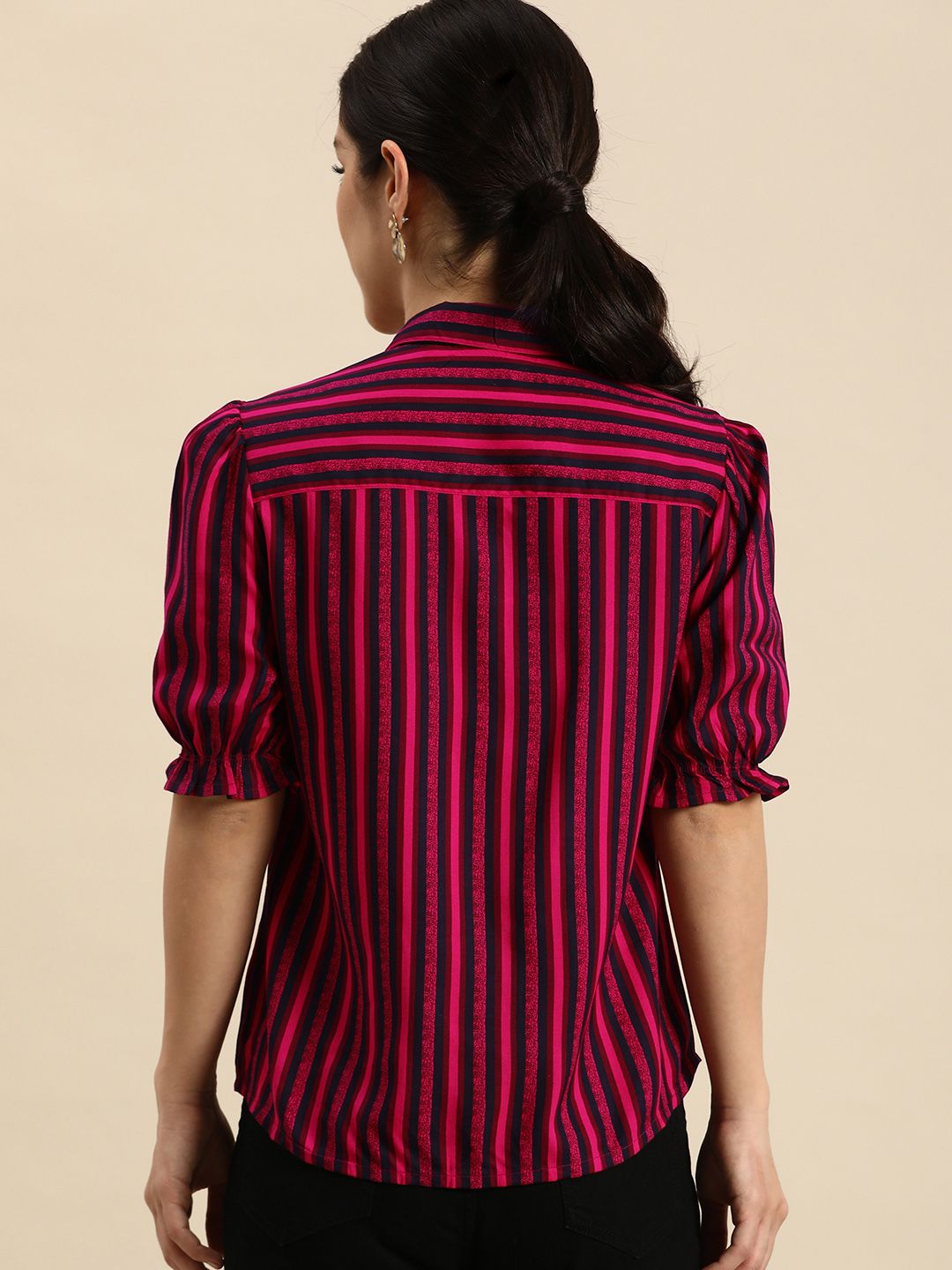 all about you Women Puff Sleeves Spread Collar Striped Casual Shirt