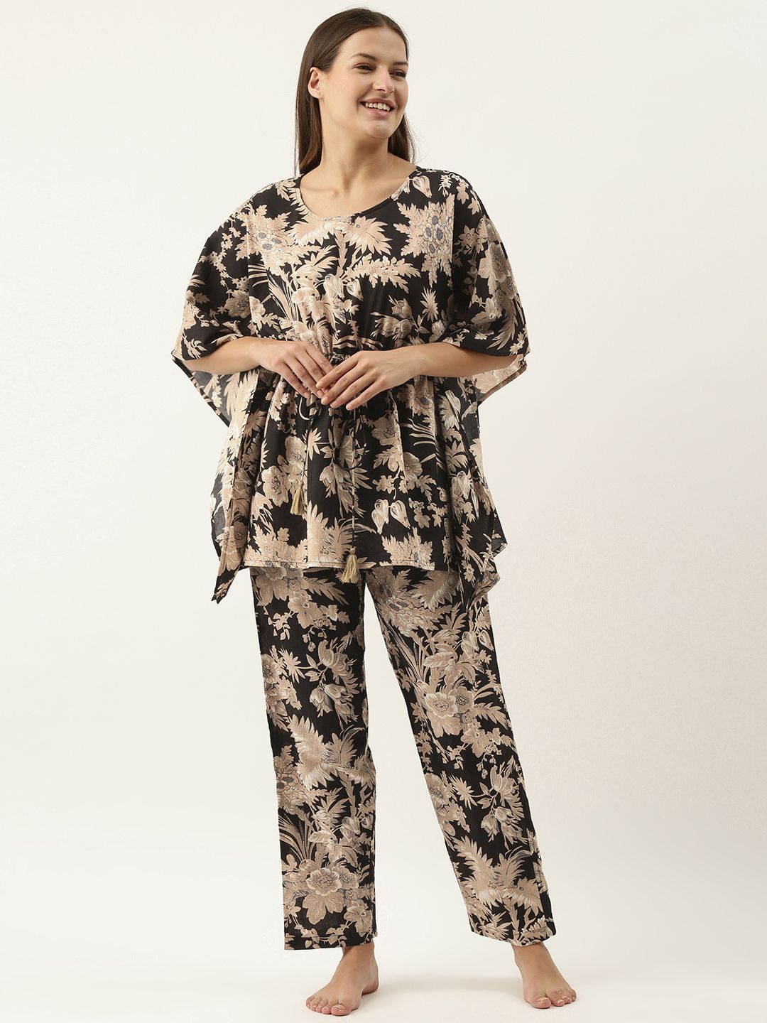 SANSKRUTIHOMES Women Black & Beige Printed Cotton Night suit