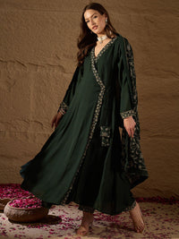 KALINI Floral Embroidered V-Neck Angrakha Kurta with Trousers & Dupatta